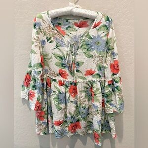 Easel White Floral Linen Blend Boho Peasant Blouse